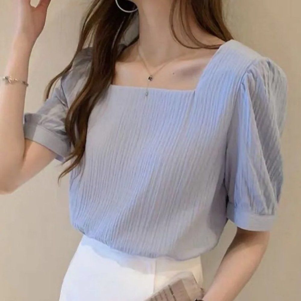 Elbow-Sleeve Square-Neck Blouse